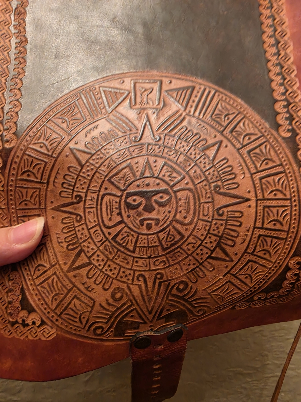 Vintage Hand Tooled Leather Aztec Calendar Crossbody Boho Purse - Picture 7 of 11